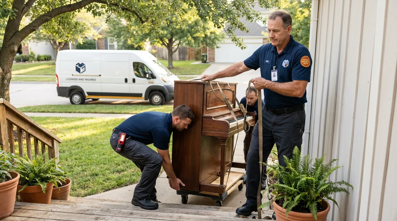 Licensed piano movers securing grand piano in Housatonic, MA