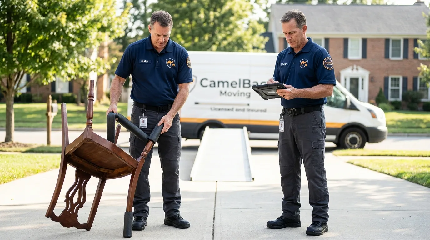 Movers inspecting furniture for damage prevention before loading in Housatonic, MA