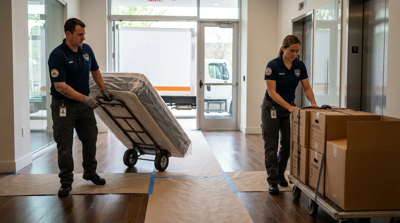 Professional apartment movers loading elevator in Housatonic, MA