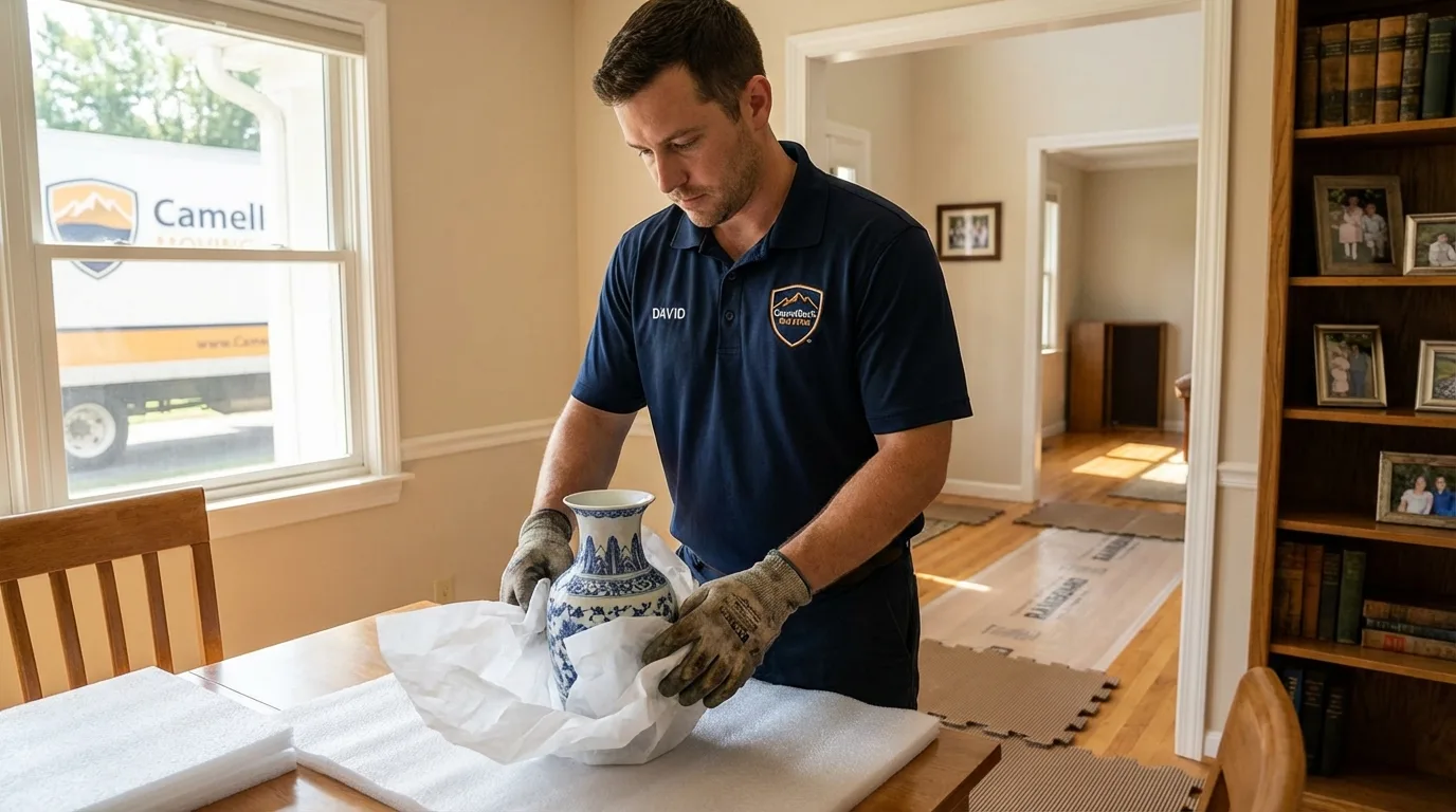 Professional crew carefully wrapping antique vase for senior downsizing move in Housatonic, MA